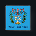 Persian Magen David Menorah 2 Inch Square Button<br><div class="desc">This image was adapted from an antique Persian Jewish tile and features a menorah with a Magen David (Star of David) framed by olive branches.  The imperfections of the original,  hand-painted image have been preserved.</div>