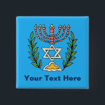 Persian Magen David Menorah 2 Inch Square Button<br><div class="desc">This image was adapted from an antique Persian Jewish tile and features a menorah with a Magen David (Star of David) framed by olive branches.  The imperfections of the original,  hand-painted image have been preserved.</div>