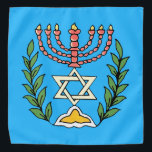 Persian Magen David Menorah Bandana<br><div class="desc">This image was adapted from an antique Persian Jewish tile and features a menorah with a Magen David (Star of David) framed by olive branches.  The imperfections of the original,  hand-painted image have been preserved.</div>