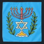Persian Magen David Menorah Bandana<br><div class="desc">This image was adapted from an antique Persian Jewish tile and features a menorah with a Magen David (Star of David) framed by olive branches. The imperfections of the original, hand-painted image have been preserved.</div>