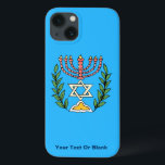 Persian Magen David Menorah iPhone 13 Case<br><div class="desc">This image was adapted from an antique Persian Jewish tile and features a menorah with a Magen David (Star of David) framed by olive branches.  The imperfections of the original,  hand-painted image have been preserved. Add your own text.</div>