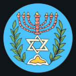 Persian Magen David Menorah Classic Round Sticker<br><div class="desc">This image was adapted from an antique Persian Jewish tile and features a menorah with a Magen David (Star of David) framed by olive branches.  The imperfections of the original,  hand-painted image have been preserved.</div>