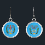 Persian Magen David Menorah Earrings<br><div class="desc">This image was adapted from an antique Persian Jewish tile and features a menorah with a Magen David (Star of David) framed by olive branches.  The imperfections of the original,  hand-painted image have been preserved. Add your own text and you may change the background colour.</div>