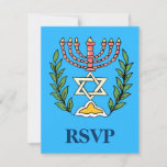 Persian Magen David Menorah RSVP Card<br><div class="desc">An RSVP card to accompany Bar/Bat Mitzvah invitations featuring the same design.  This image was adapted from an antique Persian Jewish tile and features a menorah with a  Magen David (Star of David) framed by olive branches.  The imperfections of the original,  hand-painted image have been preserved.</div>