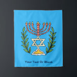 Persian Magen David Menorah Tapestry<br><div class="desc">This image was adapted from an antique Persian Jewish tile and features a menorah with a Magen David (Star of David) framed by olive branches. The imperfections of the original, hand-painted image have been preserved. Add your own text to customize.</div>