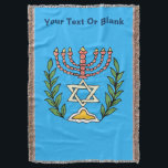 Persian Magen David Menorah Throw Blanket<br><div class="desc">This image was adapted from an antique Persian Jewish tile and features a menorah with a Magen David (Star of David) framed by olive branches.  The imperfections of the original,  hand-painted image have been preserved.Add your own text.</div>