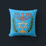 Persian Magen David Menorah Throw Pillow<br><div class="desc">This image was adapted from an antique Persian Jewish tile and features a menorah with a Magen David (Star of David) framed by olive branches.  The imperfections of the original,  hand-painted image have been preserved.</div>