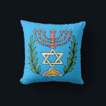 Persian Magen David Menorah Throw Pillow<br><div class="desc">This image was adapted from an antique Persian Jewish tile and features a menorah with a Magen David (Star of David) framed by olive branches.  The imperfections of the original,  hand-painted image have been preserved. Add your own text on the reverse side.</div>