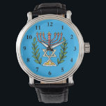 Persian Menorah And Magen David Watch<br><div class="desc">This image was adapted from an antique Persian Jewish tile and features a menorah with a Magen David (Star of David) framed by olive branches.  The imperfections of the original,  hand-painted image have been preserved.</div>