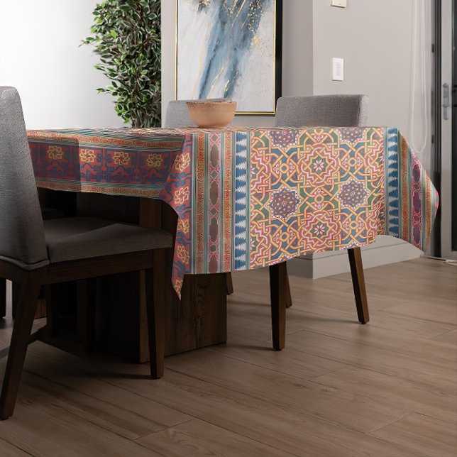 Persian/Middle Eastern Geometric Pattern Tablecloth (A modern table is covered with an intricate Persian/Middle Eastern Geometric Pattern Tablecloth.)