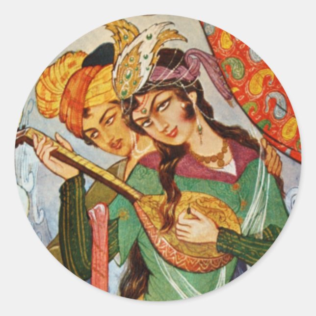 Persian Miniature Nymph with setar in detail Classic Round Sticker (Front)