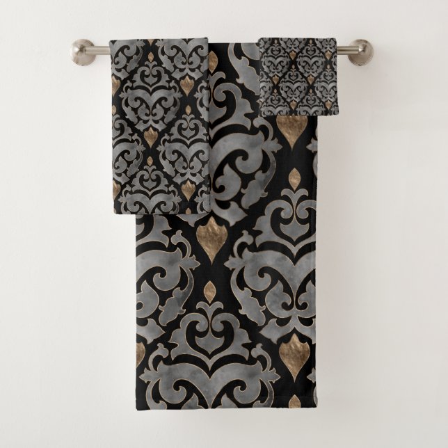 Persian Pattern - Watercolor black and gold Bath Towel Set (Insitu)