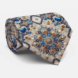 Persian Rug Diamonds Cobalt Blue Gold Faux Silk Tie