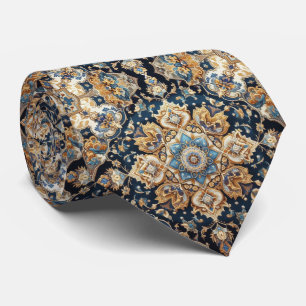 Persian Rug Mandala Cobalt Blue Gold Faux Silk Tie