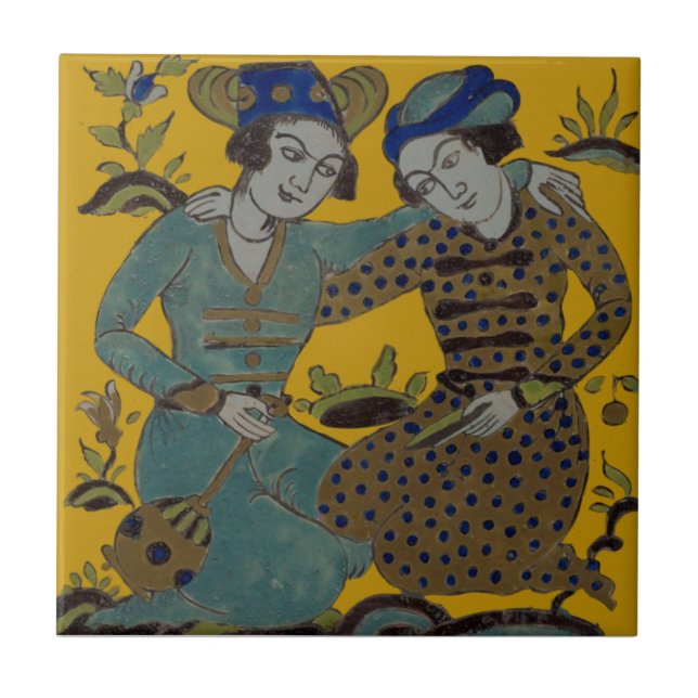 Persian Saffron Yellow Two Friends Antique Repro Tile (Front)