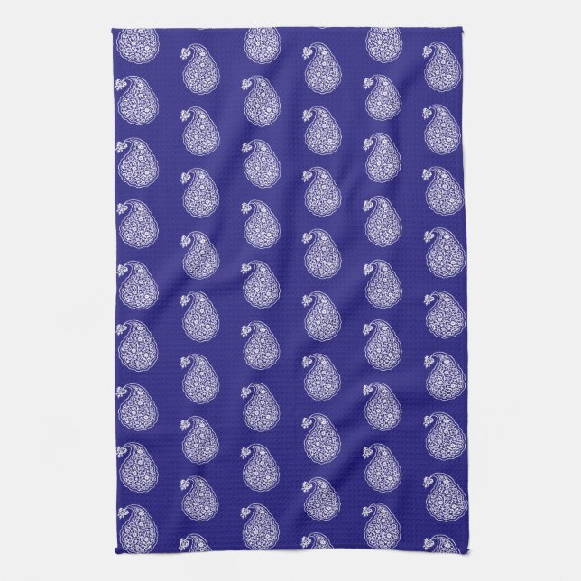 Persian tile paisley - white on indigo blue kitchen towel (Vertical)