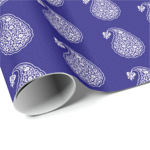 Persian tile paisley - white on indigo blue wrapping paper
