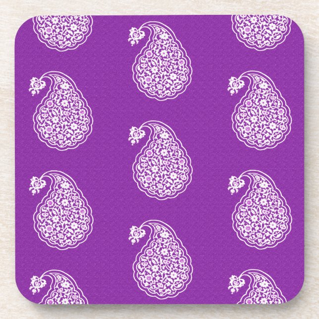 Persian tile paisley - white on purple coaster (Front)