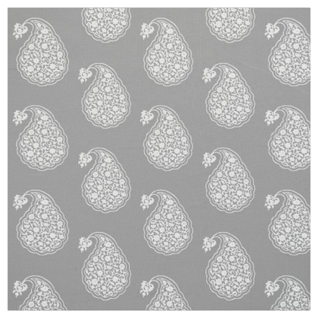 Persian tile paisley - white on silver grey fabric (Swatch)
