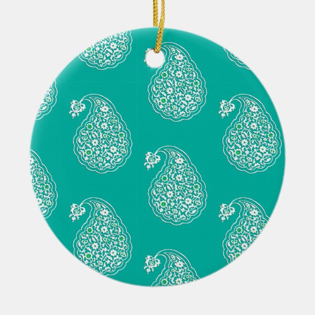 Persian tile paisley - white on turquoise ceramic ornament (Front)