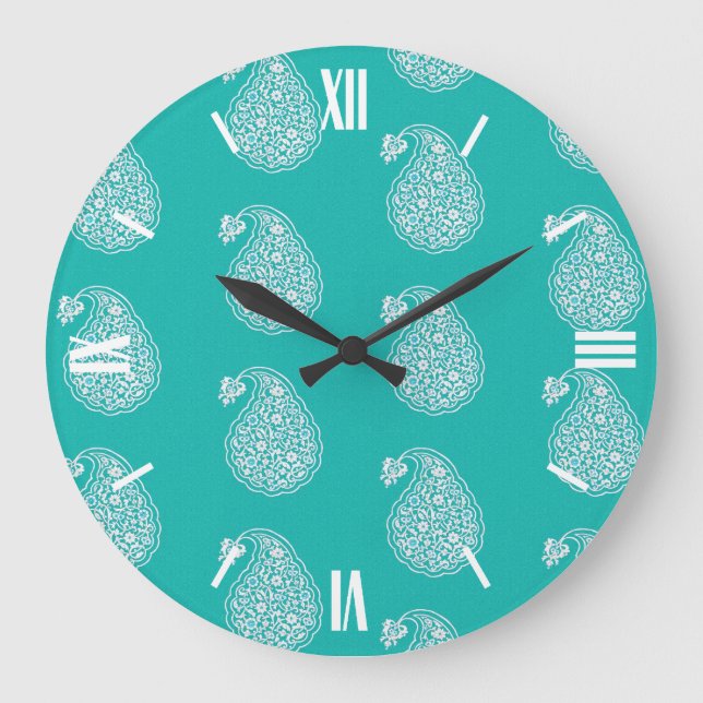 Persian tile paisley - white on turquoise large clock (Front)