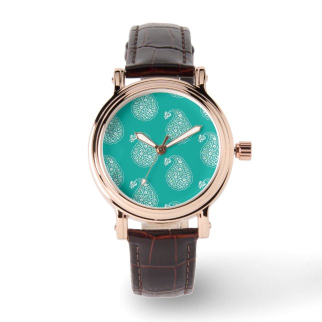 Persian tile paisley - white on turquoise watch (Front)