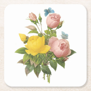Persian yellow rose, tea rose by Redouté Square Paper Coaster