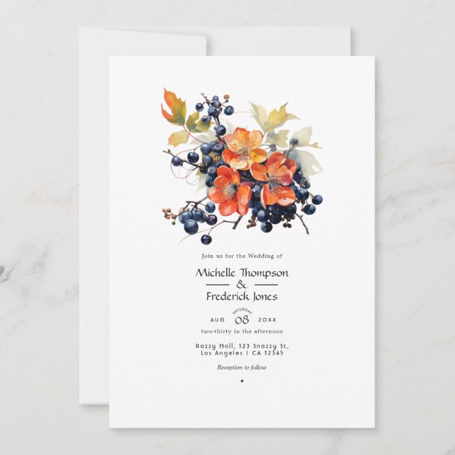 Persimmon and Navy Floral Wedding Invitation (Front)