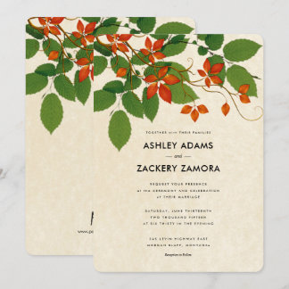 Persimmon & Green Floral Vine Wedding Invitation