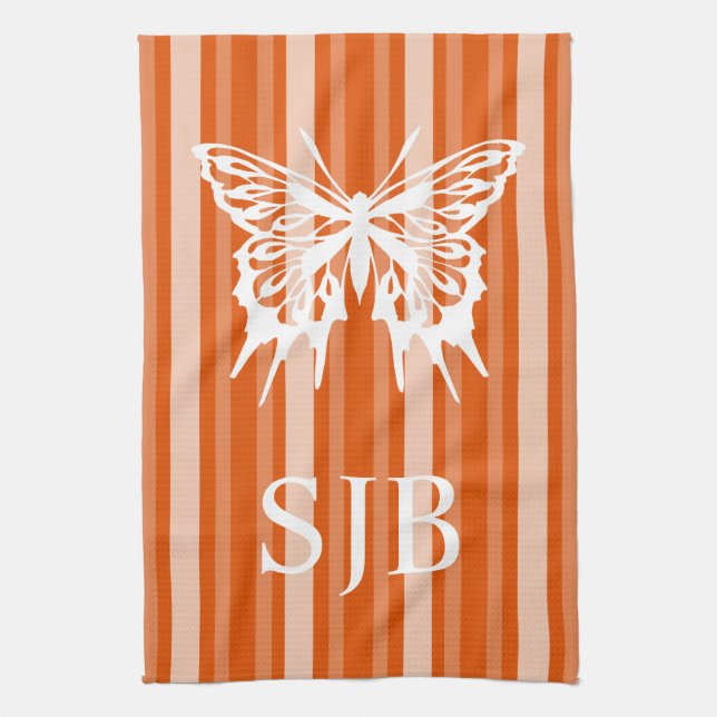 Persimmon Victorian Stripe with Butterfly Monogram Kitchen Towel (Vertical)