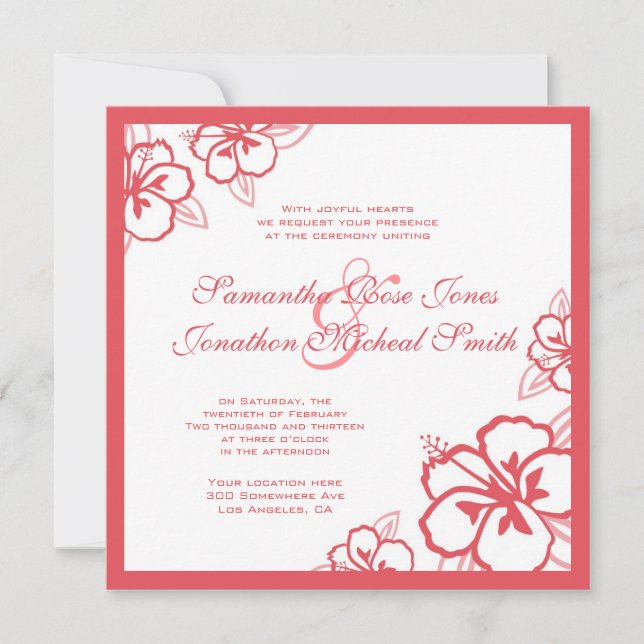 Persimmon & White Hibiscus Flowers Custom Wedding Invitation (Front)