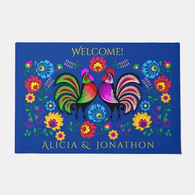 Persoalized Colourful Folk Art Roosters and Doormat (Front)