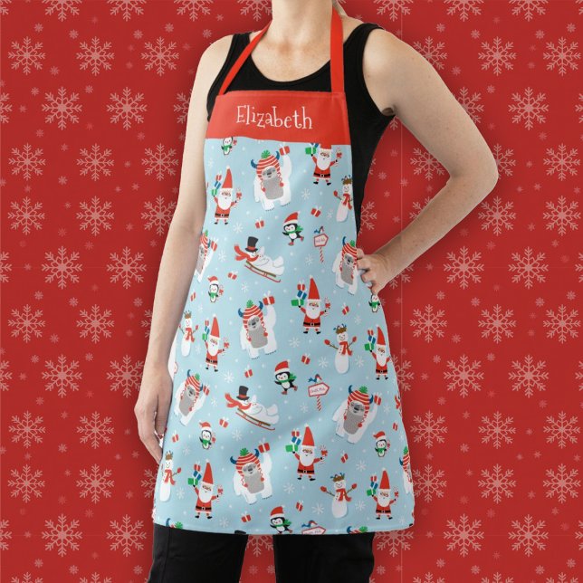 Persoanlized Cute Winter Christmas Holiday Baking Apron (A fun winter Christmas holiday apron featuring Santa, a yeti, a snowman, and penguins)