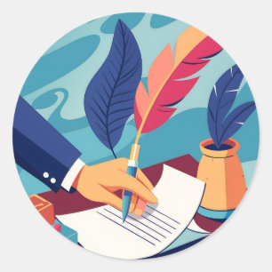 person-hand-writing-a-letter-with-a-quill-pen classic round sticker