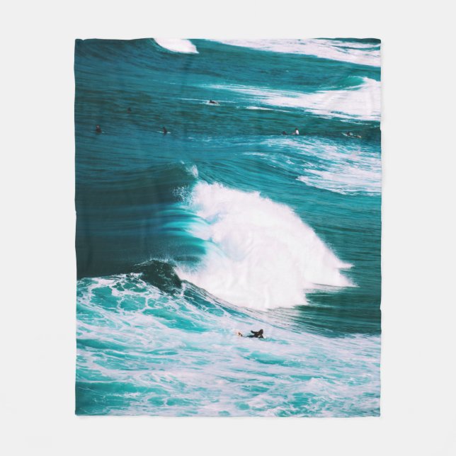 Person on surfboard with ocean waves fleece blanket (Front)
