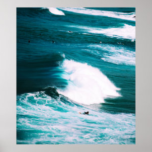 Person on surfboard with ocean waves poster