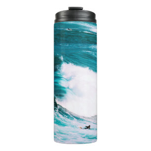 Person on surfboard with ocean waves thermal tumbler