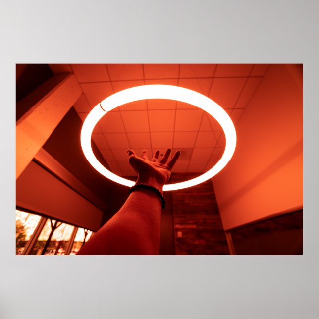 PERSON REACHING ROUND TURNED-ON FLUORESCENT LAMP I POSTER (Front)