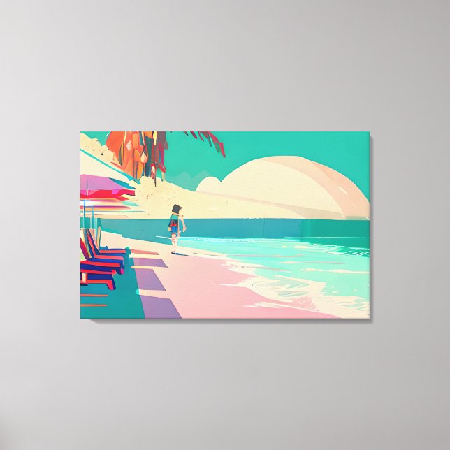 Person walking on the Teal and Peach Sandy Beach  Canvas Print (Front)