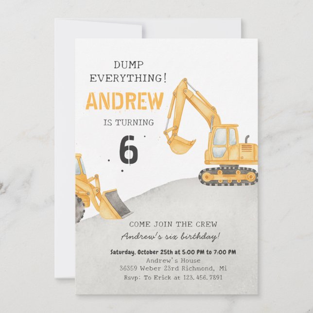 Personal A Modern Excavator Truck Birthday Party Invitation (Front)