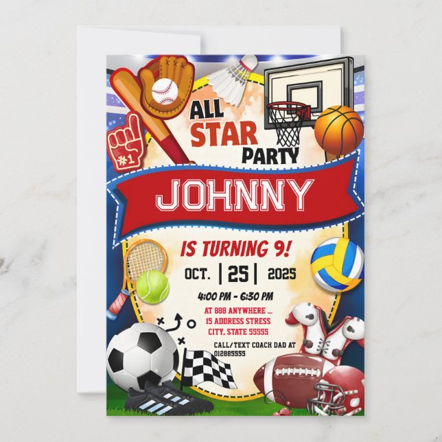 Personal All Star Sports Theme Birthday Party Invitation (Front)