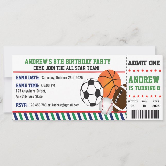 Personal All Star Sports Ticket Birthday Invitation (Front)