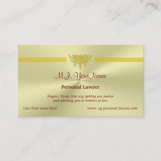 Personal Attorney and golden justice logo Business Card (Front)