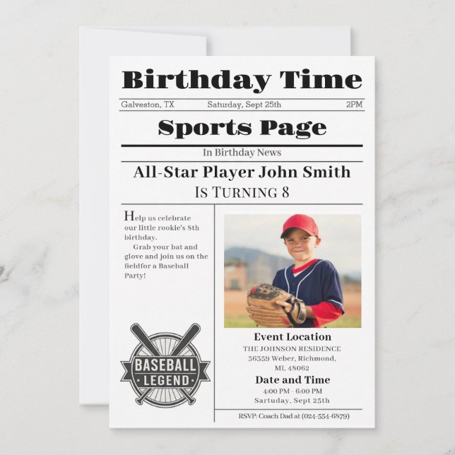 Personal Baseball Birthday Invitation With Photo (Front)