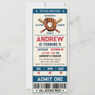 Personal Baseball Sports Vintage Ticket Style Invitation