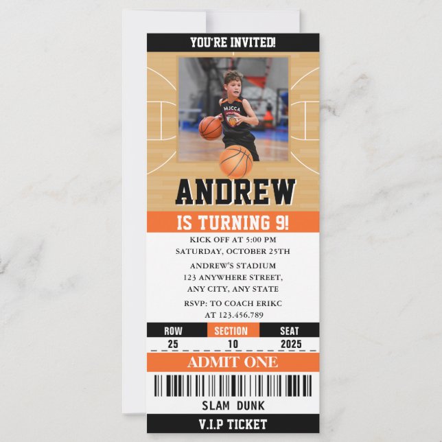 Personal Basketball Birthday Ticket custom photo Invitation (Front)