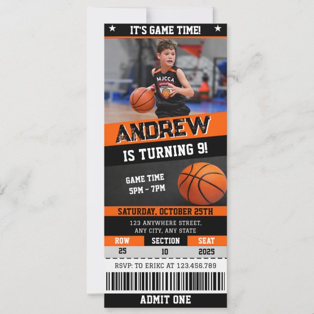 Personal Basketball Birthday Ticket With Image Invitation (Front)