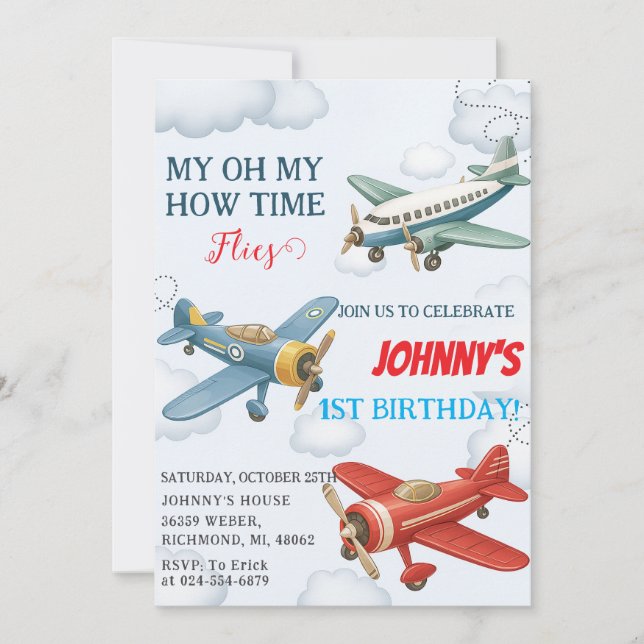 Personal Boy 1st Airplane kid Birthday Invitation (Front)