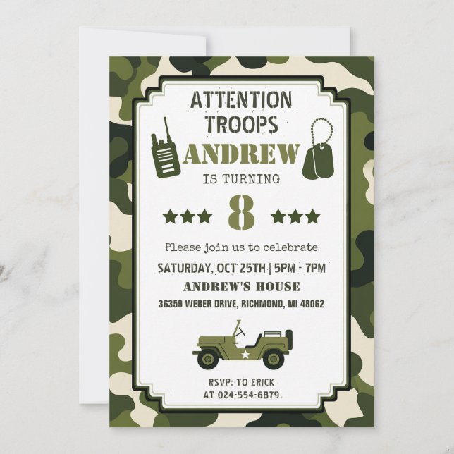 Personal Camo Army Birthday Invitation (Front)
