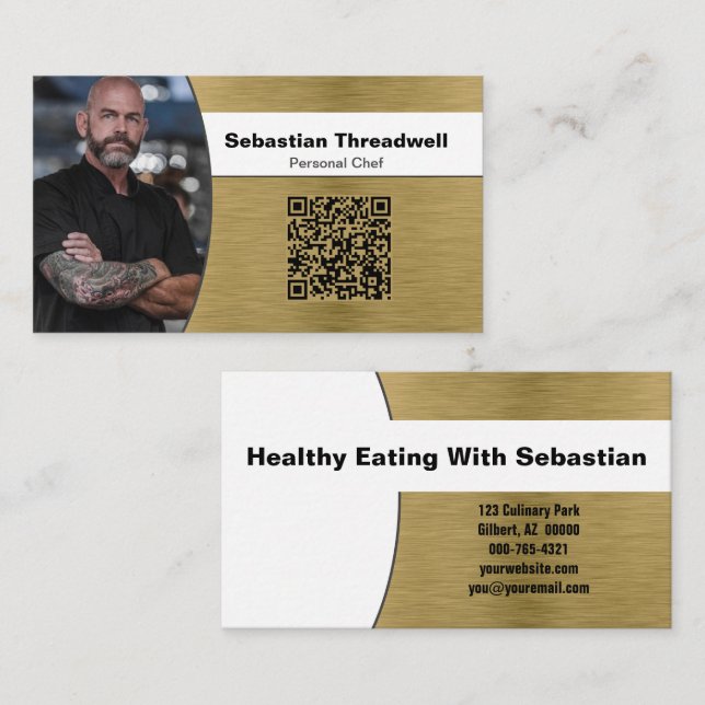 Personal Chef Brushed Brass Custom Photo QR Code Business Card (Front/Back)